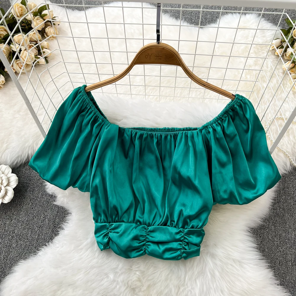 

Рубашка на одно плечо с изображением персонажа, маленький свежий милый топ с рукавами-пузырями, открытыми плечами и талией, утягивающий кор...