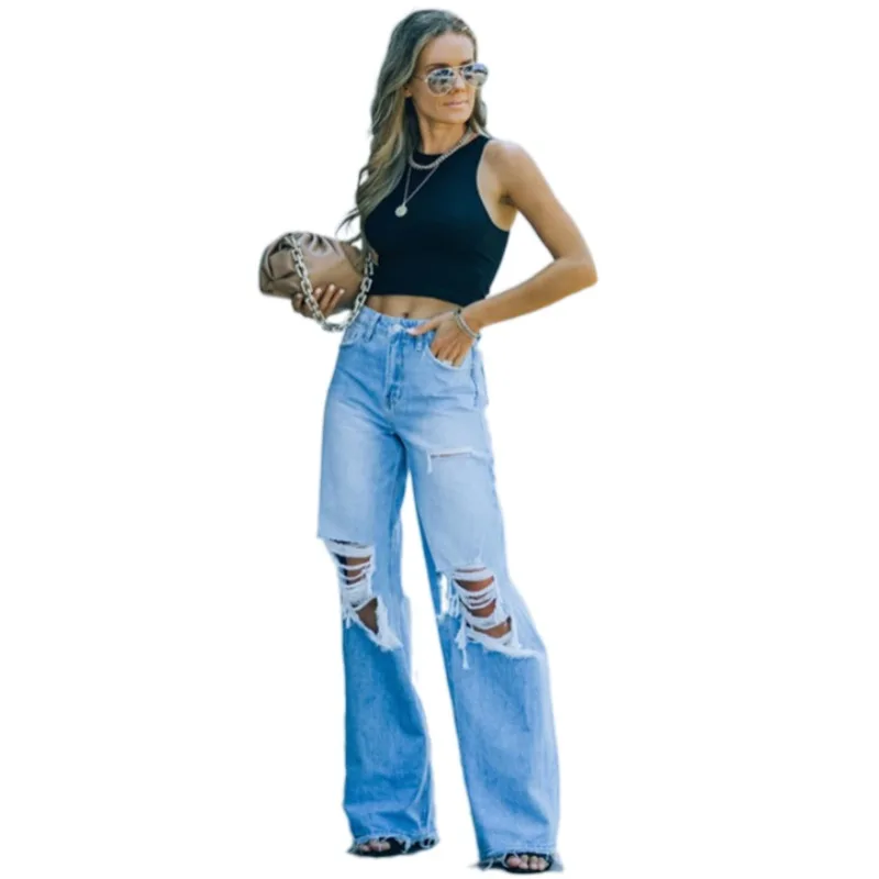 

Ripped Washed Jeans For Women Mid Waist Loose Straight Leg Ladies Denim Cargo Pants High Streetwear Hole Wide Leg Baggy Trousers