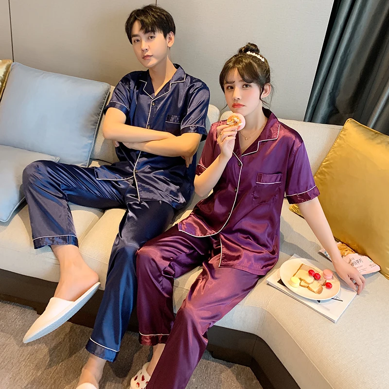 CAIYIER Spring Summer Couple Pajamas Set Cardigan Short Sleeve Trousers Sleepwear Women & Men Nightwear Solid Color Loungewear