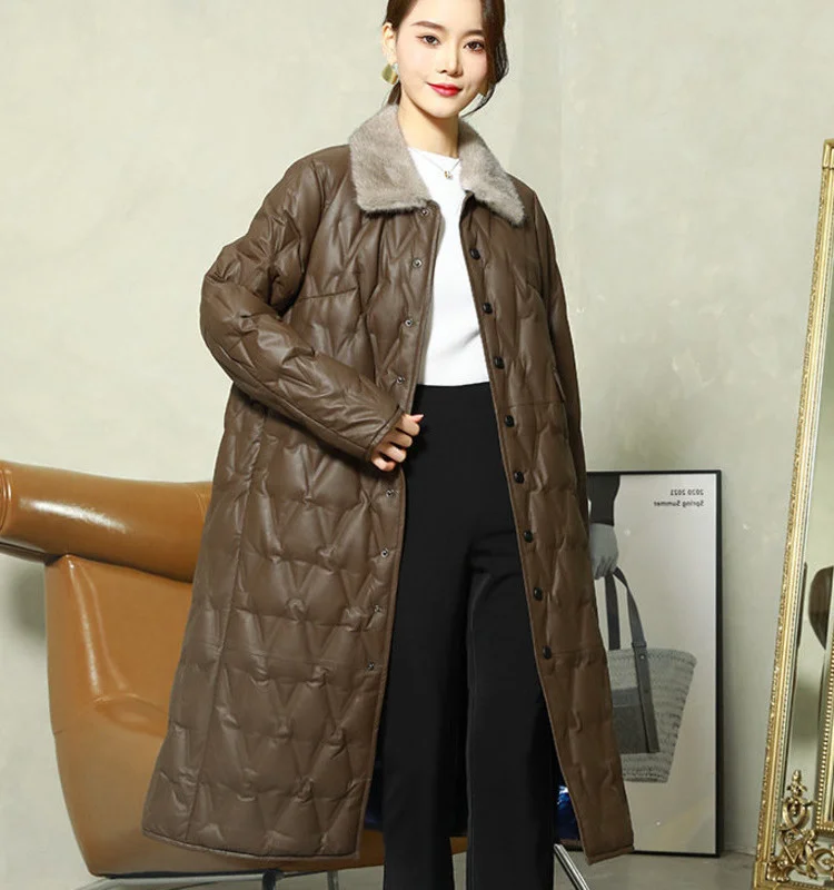 

2023 100% Real Sheepskin Jacket Women Winter Long Down Coat Mink Fur Collar Down Coats Slim Jackets Outwears Jaqueta De Couro