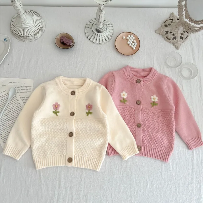 

2023 Spring Autumn Toddler Girl Coat Knitted Cotton Long Sleeve Embroidery Sweater Baby Girls Jacket Versatile Infant Girl Coat