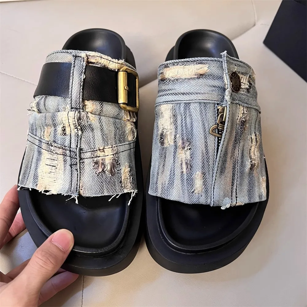 

Slippers Women's Summer Outside Designer Sandals Wash Denim Retro Slipper Fashion Beach Shoes Women Slippers High (5cm-8cm)