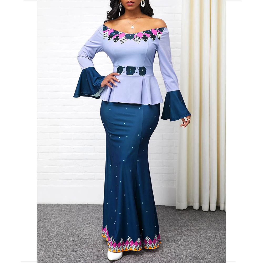 

Elegant Slash Neck Print Party Dress for Women Long Flare Sleeve High Waist Slim Bodycon Mermaid Dresses Purple Club Outfits