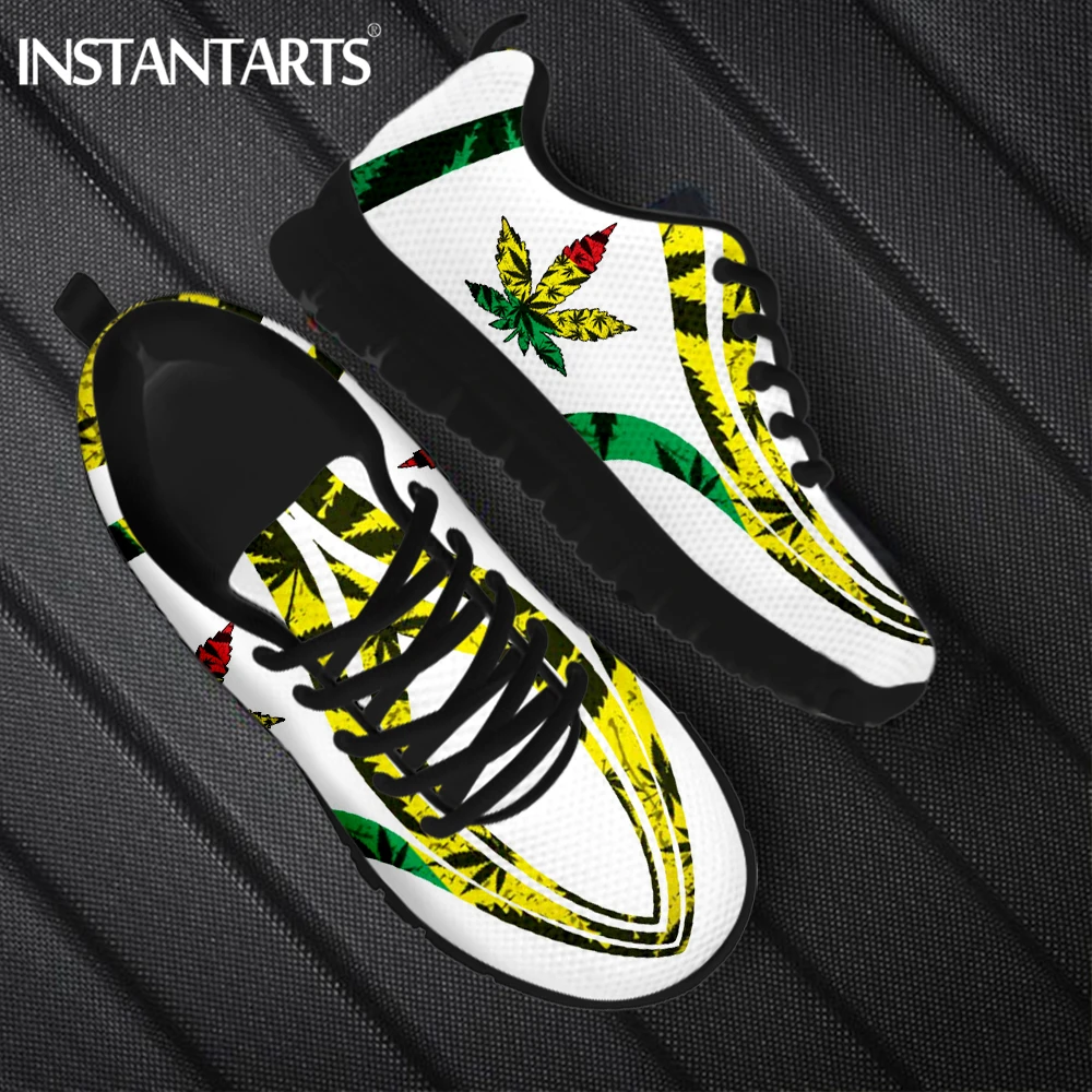 INSTANTARTS Cool 3D Weed Leaves Print Women Mesh Sneakers Breathable Lace-up Flat Shoes Female Spring Winter Soft Sport Loafers