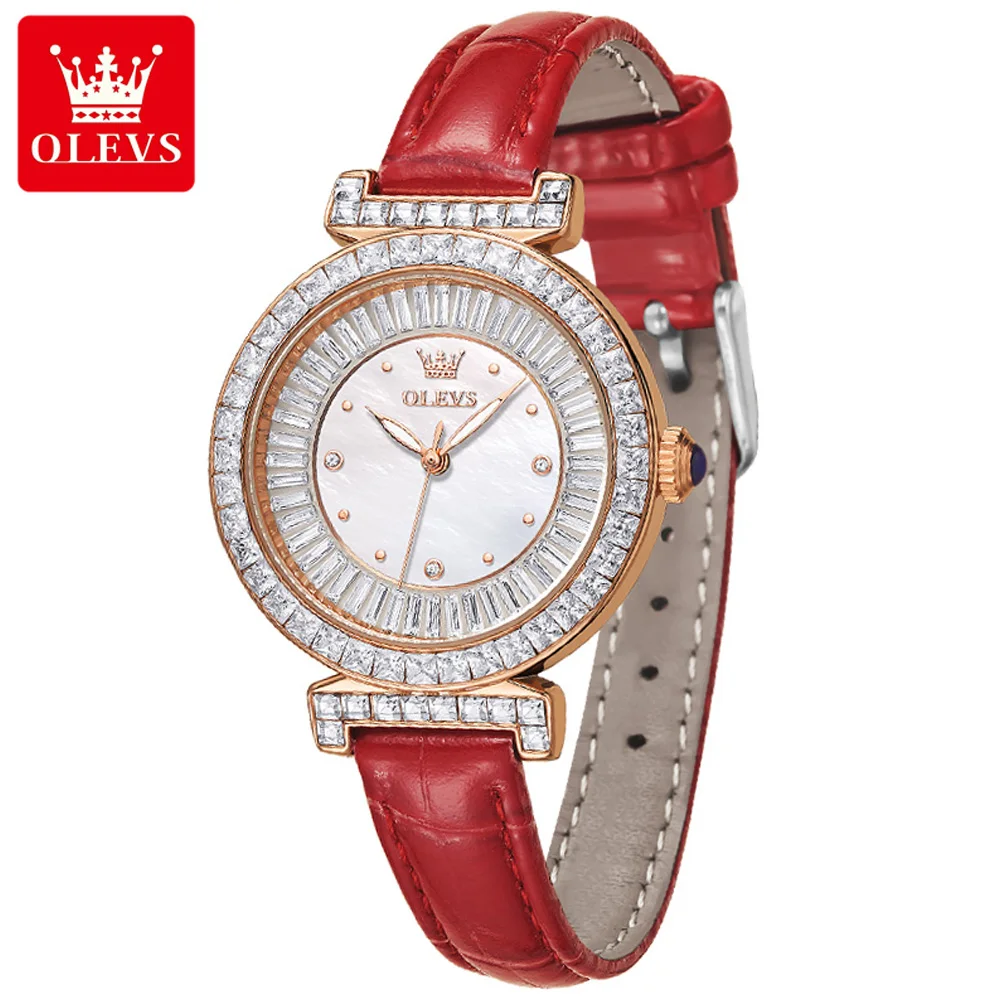 

Часы женские Кварцевые водонепроницаемые со стразами и кожаным ремешком