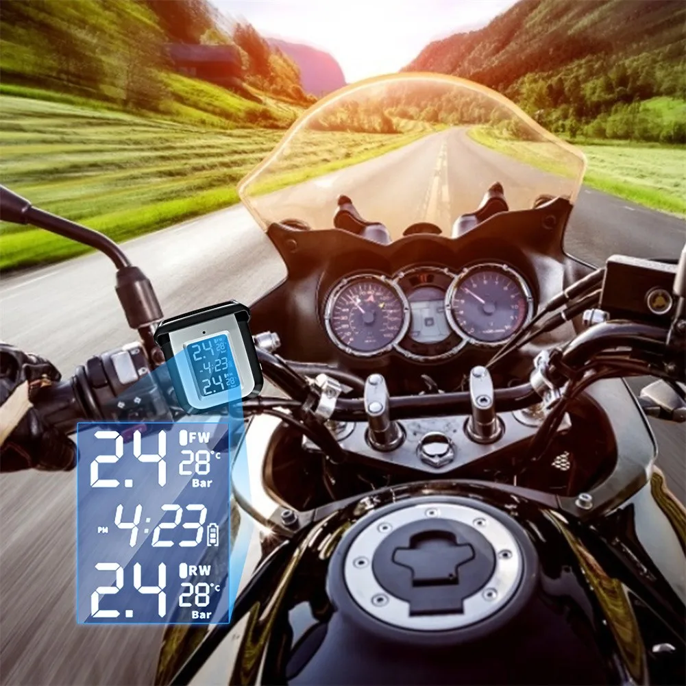 

Solar Motorcycle TPMS External Tire Pressure Monitor Sensor Alarm PSI BAR Digital Display Black Auto Tire Pressure Detector