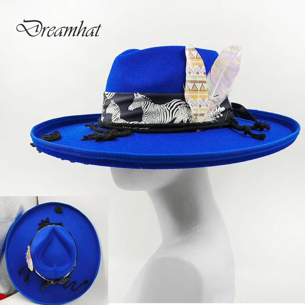 Женская джазовая шляпа Love Top с широкими полями модная синяя Федора унисекс для