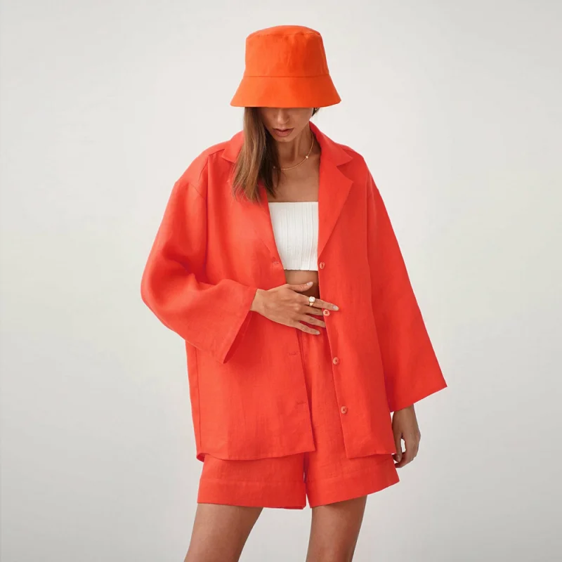 Sets Cotton Linen Loose 2 Pieces Notched Shirt Summer Waist Wide Shorts Pants Women Suits 2022 Casual Holiday Shorts