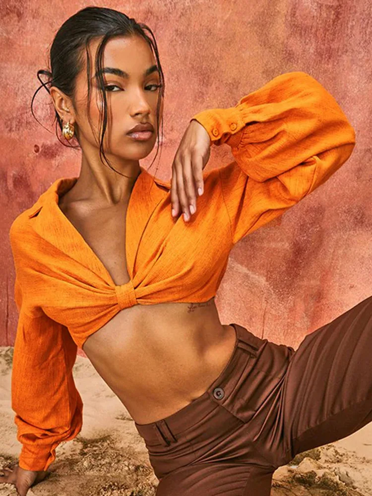 

2022 Autumn Long Sleeve Cropped Shirt Women T-shirts Tees Tops Fashion Casual Neon Orange Crop Top Female Streetwear Top Blusas