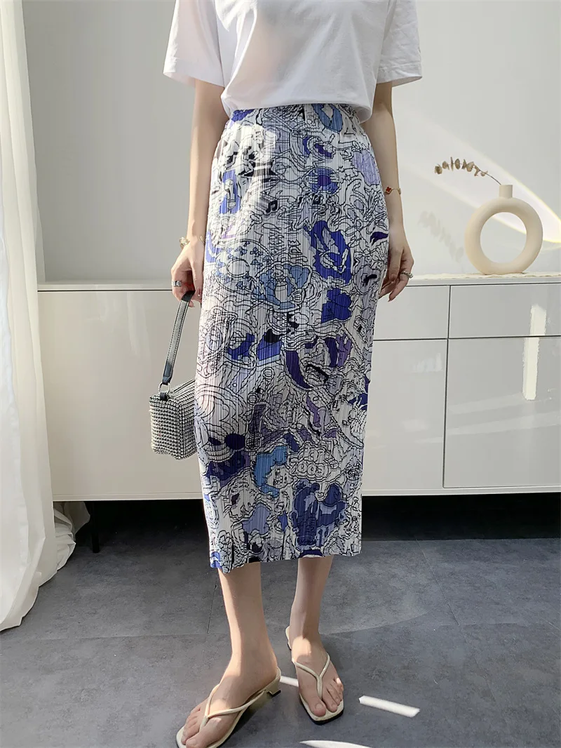 

Graffiti Printing Miyake Pleated Skirt for Women 2022 Summer Pleated Skirt Mid-Length Pleated Skirt Korean Fashion Clothing