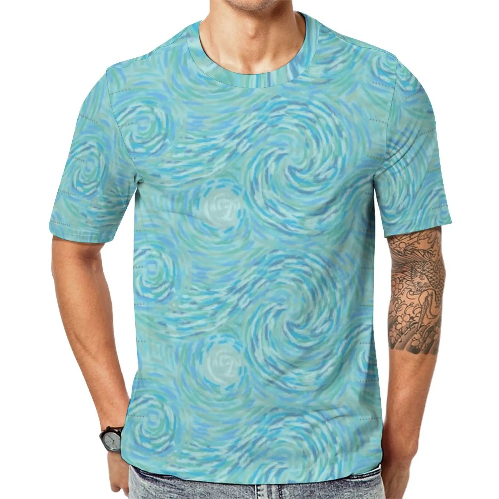

Bright Teal Blue And Gray Swirl T-Shirt Man Van Gogh Classic T-Shirts Summer Vintage Tees Short-Sleeved Custom Plus Size Tops