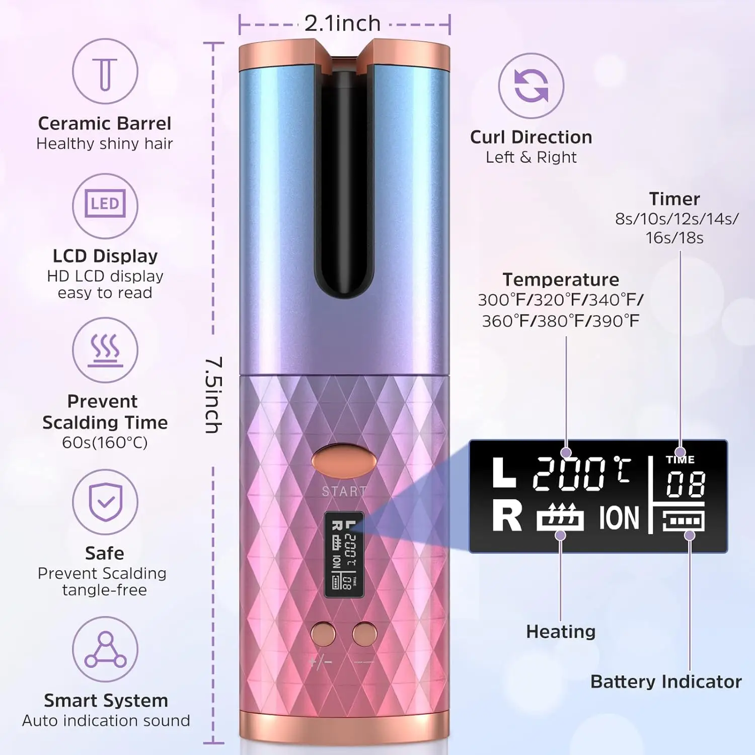 Вращающаяся щипцы для завивки длиной 1 дюйм беспроводная автоматическая с