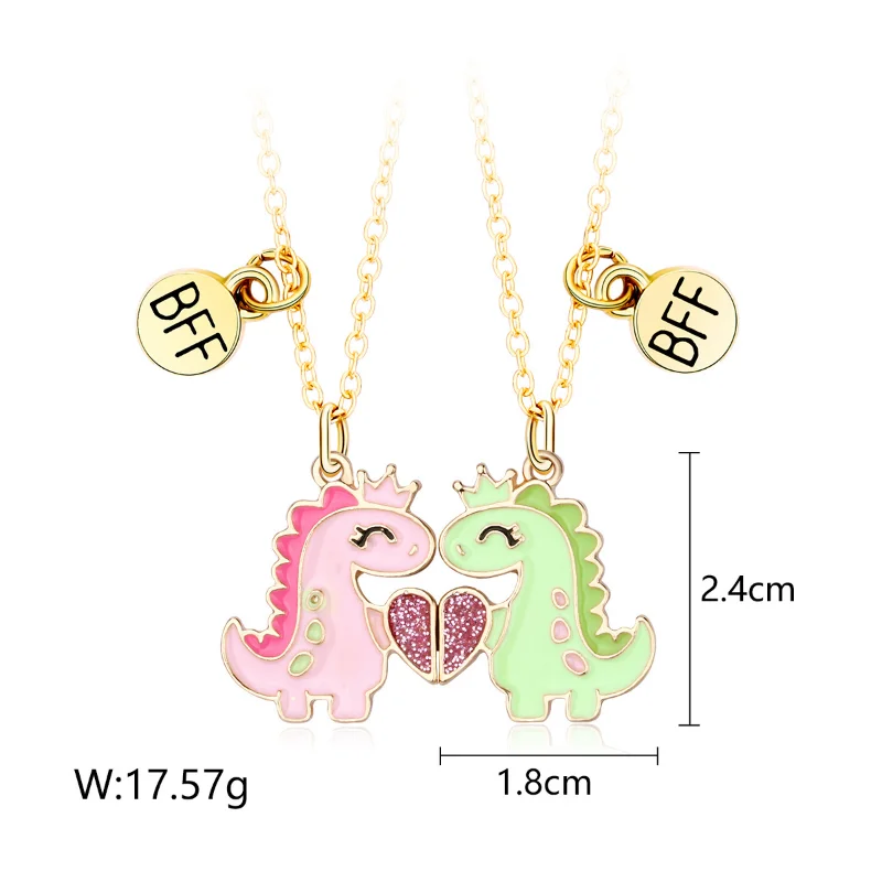 Lovecryst 2Pcs/set Best Friendship Gold Plated Alloy Chain Cute Dinosaur Heart Necklace for Girls BFF Friendship Jewelry Gift images - 6