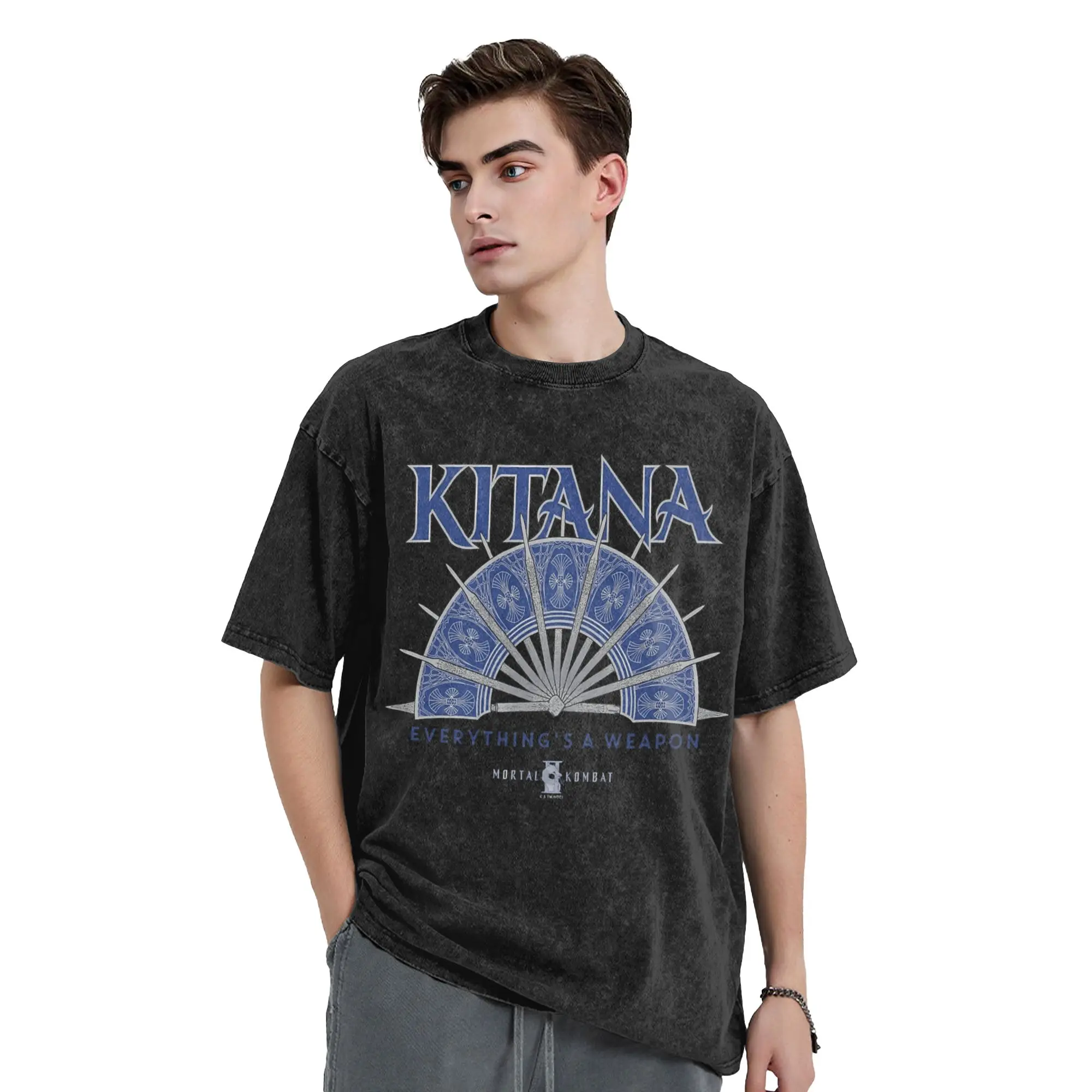 Фото Футболка Mortal Kombat 2 Kitana Everything'S A Steel Fan Washed, уличная одежда, хлопковая футболка для мужчин, Harajuku, летняя №2