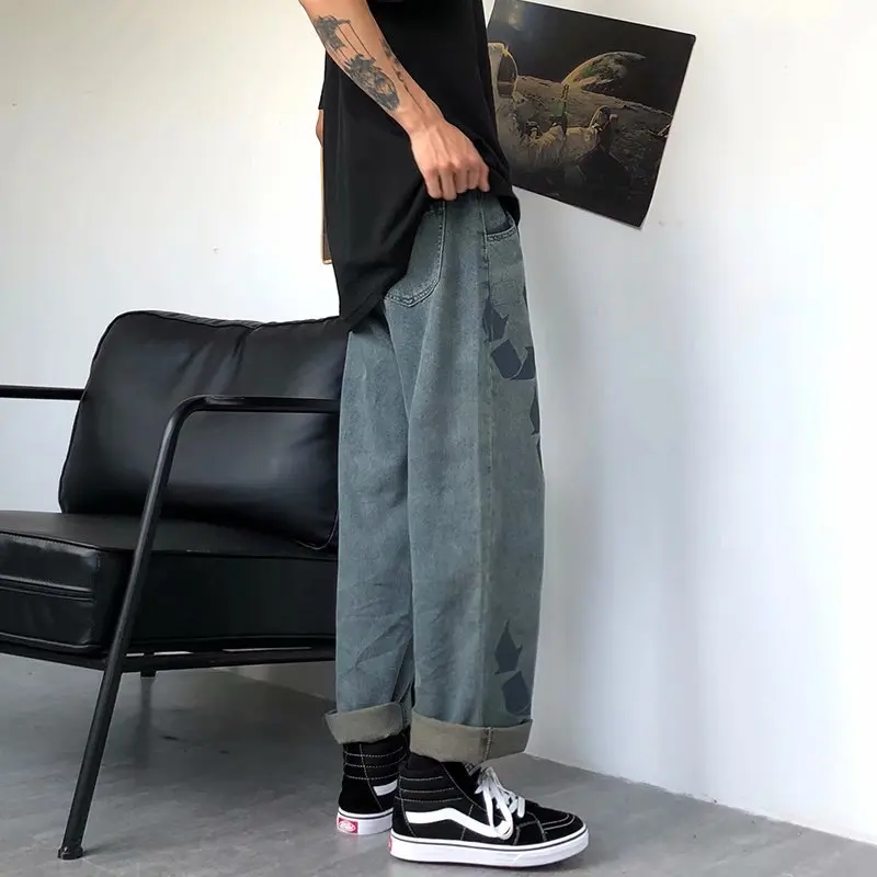 2022 New Fashion Graffiti Vintage Men Baggy Jeans Trousers Hip Hop Straight Loose Harajuku Denim Pants For Teens Korean Clothes
