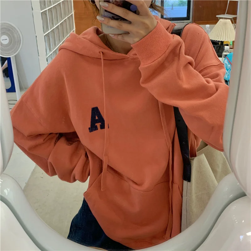 

spring Korean Letter Embroidery Hoodies women streetwear Double Layer Hooded Sweatshirts oversized Thin Pullovers Female clothes