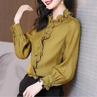 long sleeved imitation silk shirt spring autumn womens clothing 2021 new fashion design stand up collar top vintage top
