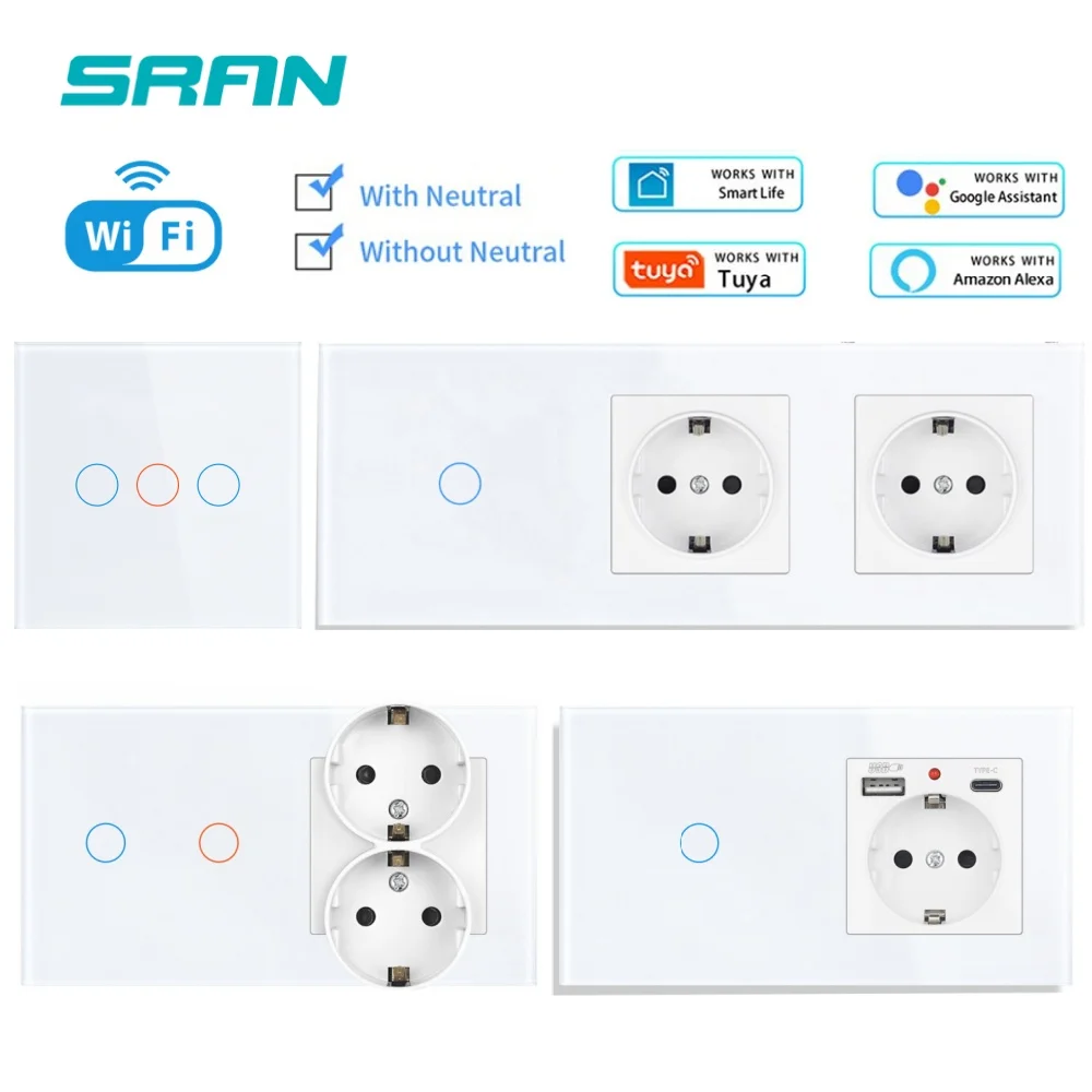 Фото Умный переключатель SRAN с настенной розеткой 16A EU, Tuya Smart Life Home Сенсорный датчик Wi-Fi Выключатели света Белый №1