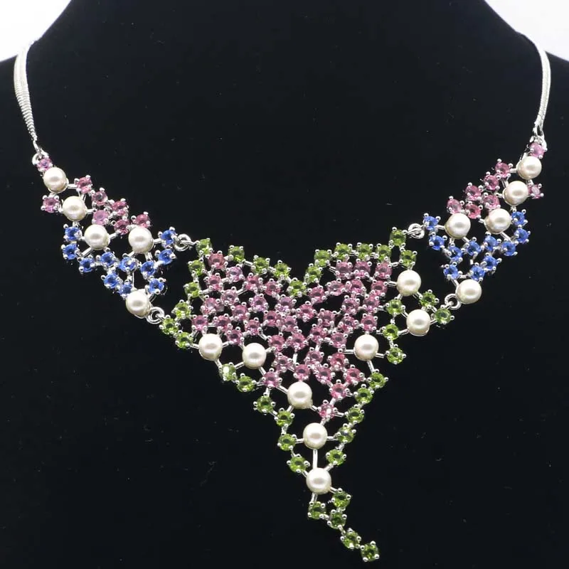 

95x80mm Multi Color Green Peridot Pink Tourmaline Violet Tanzanite Emerald White Pearl CZ Women Gift Silver Necklace 19-20inch