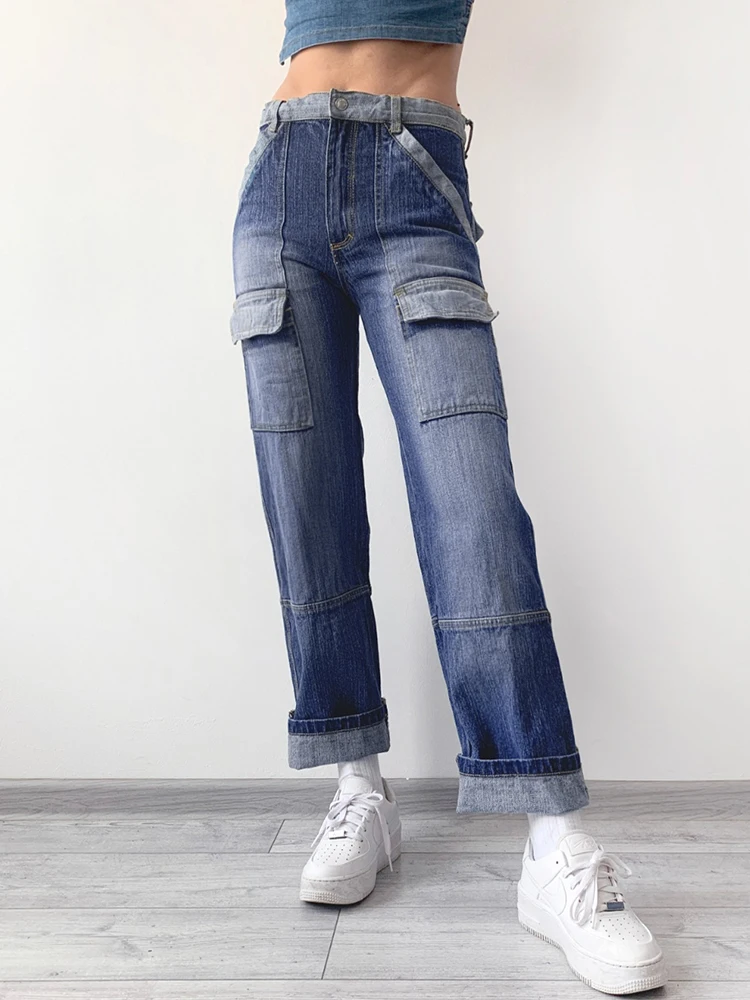 WeiYao Hig Street Pockets Patchwork Denim Cargo Jeans Women Straight Leg Streetwear Vintage Mom Jeans Womens Aesthetic Blue
