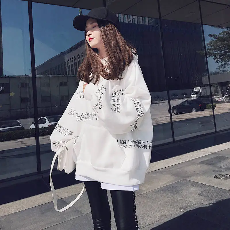 Cool Harajuku Letter Print Hoodie Sweatshirt Spring Korean Women Kawaii Loose Long Sleeves Tops Hip Hop Oversized Hoodies Coats