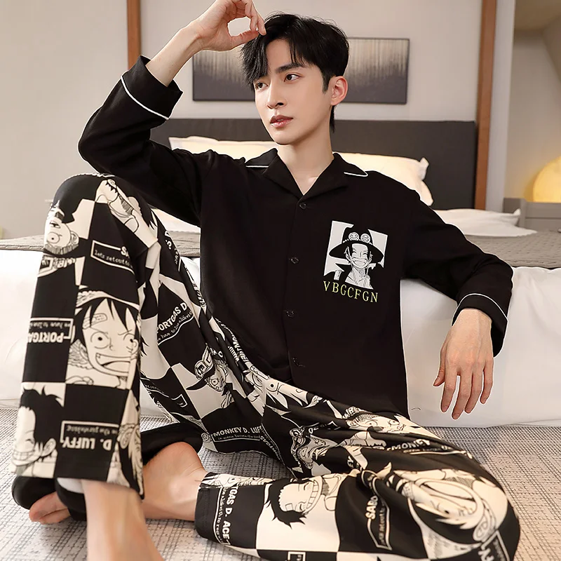 Spring Men Cotton Pajamas 2 Pieces Homewear Cartoon Anime Japan Pijama Nightwear Long Sleeves Black Sleepwear for Young Students