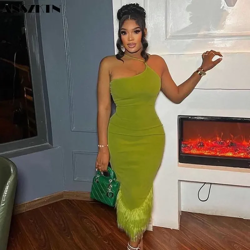 Платье на одно плечо с подвесным вырезом женское сексуальное тонкое длинное