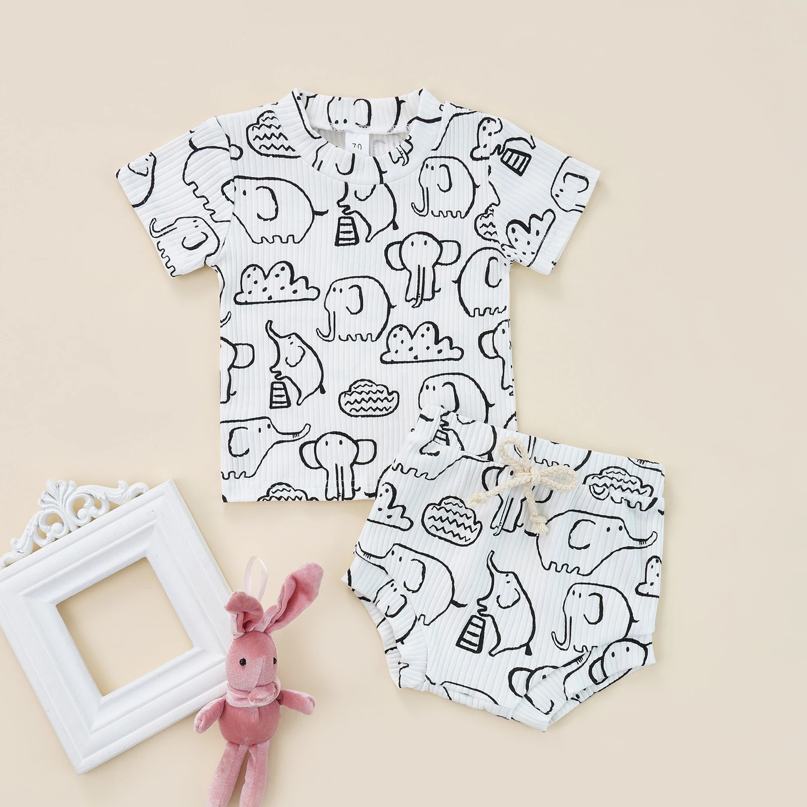 

Baby Summer Clothes Suit Cartoon Elephant Print Ribbed Short Sleeve Crew Neck T-shirt + Elastic Waist Shorts