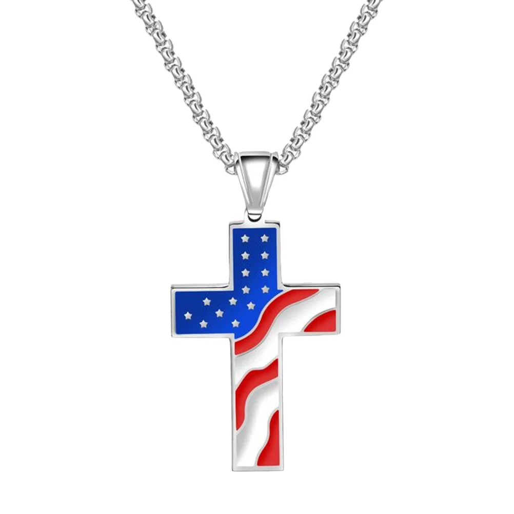 

Flag Necklace Cross Pendant Men Neck Patriotic Jewerly Chain July4Th American Male Usa Charm Independent Day