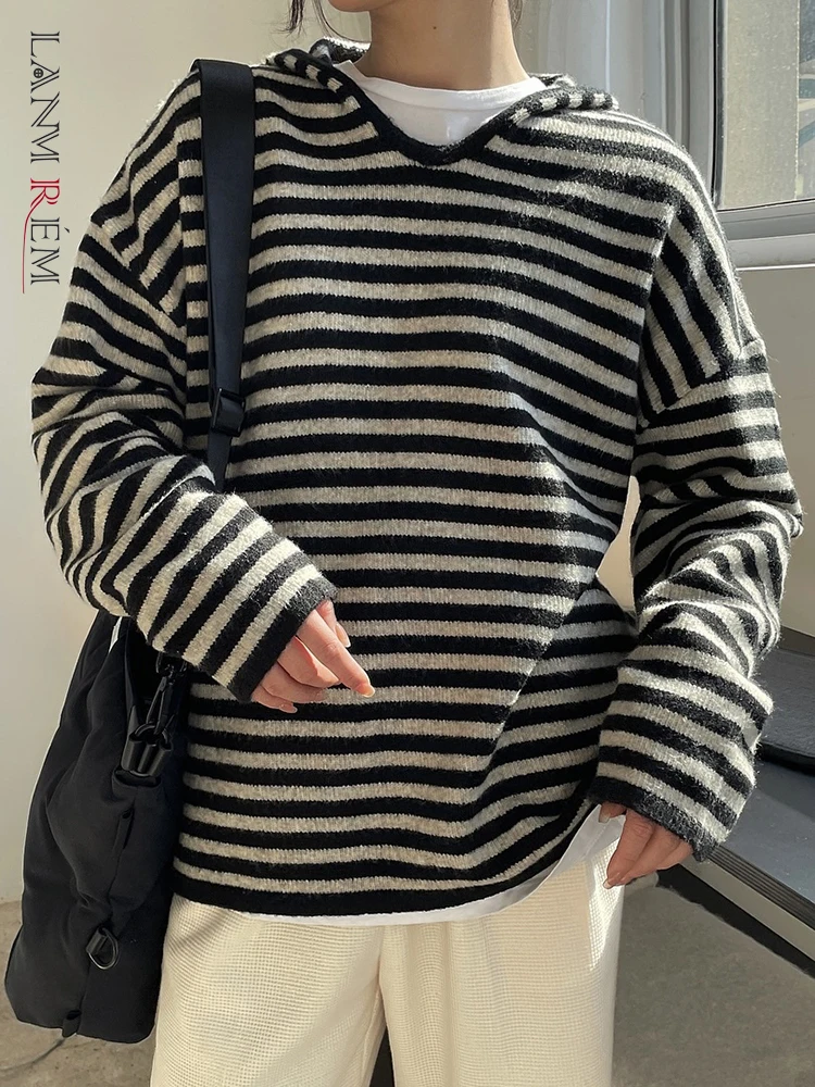

[LANMREM] Hooded Striped Pullover Sweater For Women 2023 Autumn New Long Sleeve Casual Loose Korean Style Female Tops Clothing 2