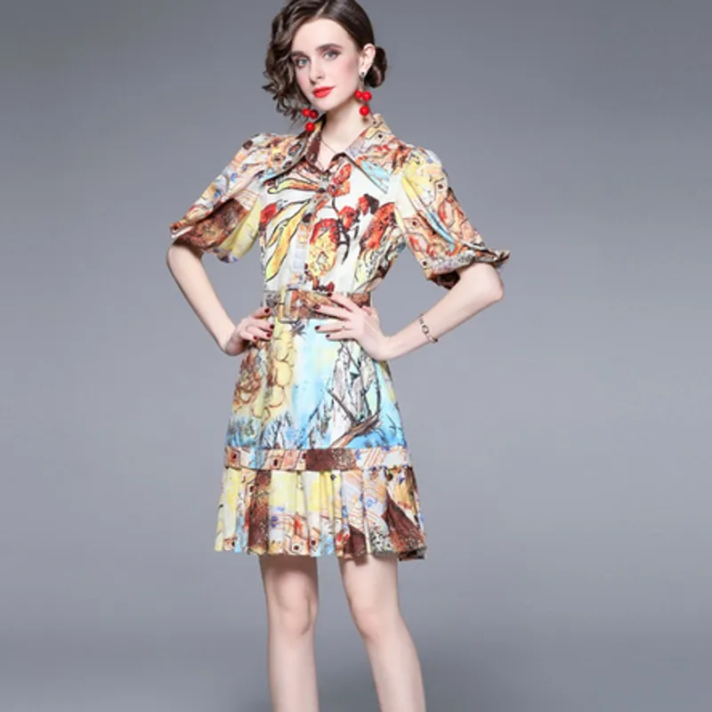 

2021 Summer Runway Fashion Midi Dress Women's Short Sleeve oil painting Sashes Dress Vestidos