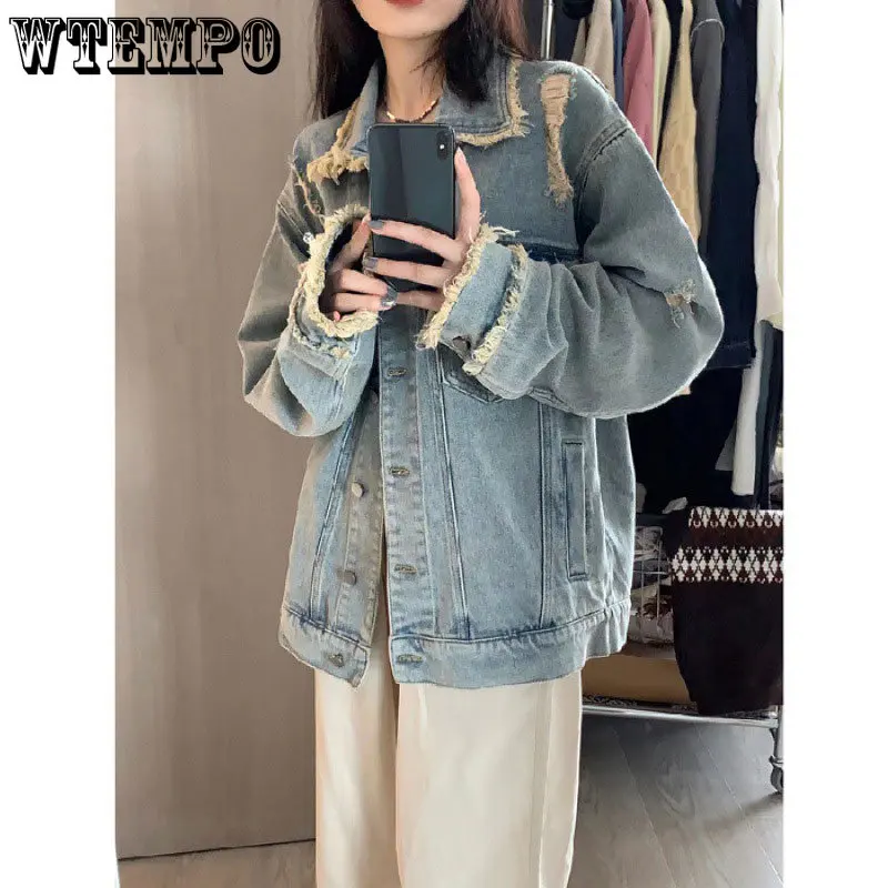 

Tattered Jeans Jacket Women Turn-down Collar Blue Retro Denim Coat Autumn Minority Harajuku Coats Korean Style Warm Jackets