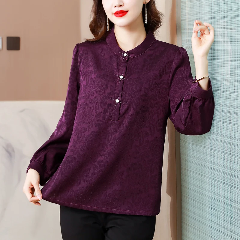 

Женская шелковая жаккардовая блузка, элегантная повседневная рубашка фиолетового цвета с длинным рукавом, облегающий топ в Корейском стиле для осени, 2023