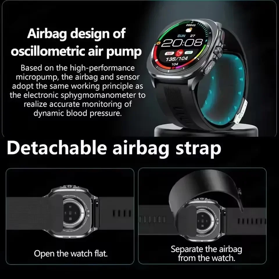Фото Новые умные часы для треков здоровья, Bluetooth-вызов, NFC, воздушный насос, подушка безопасности, настоящий измеритель артериального давления, умные часы для измерения здоровья, кислорода в крови №2