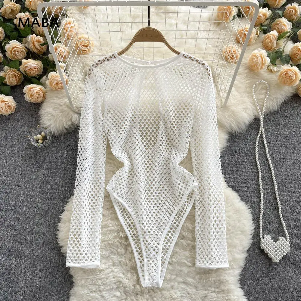 

Women Sexy White Hollow Out See Through Long Sleeved Bodycon Bodysuits Spring Summer 2022