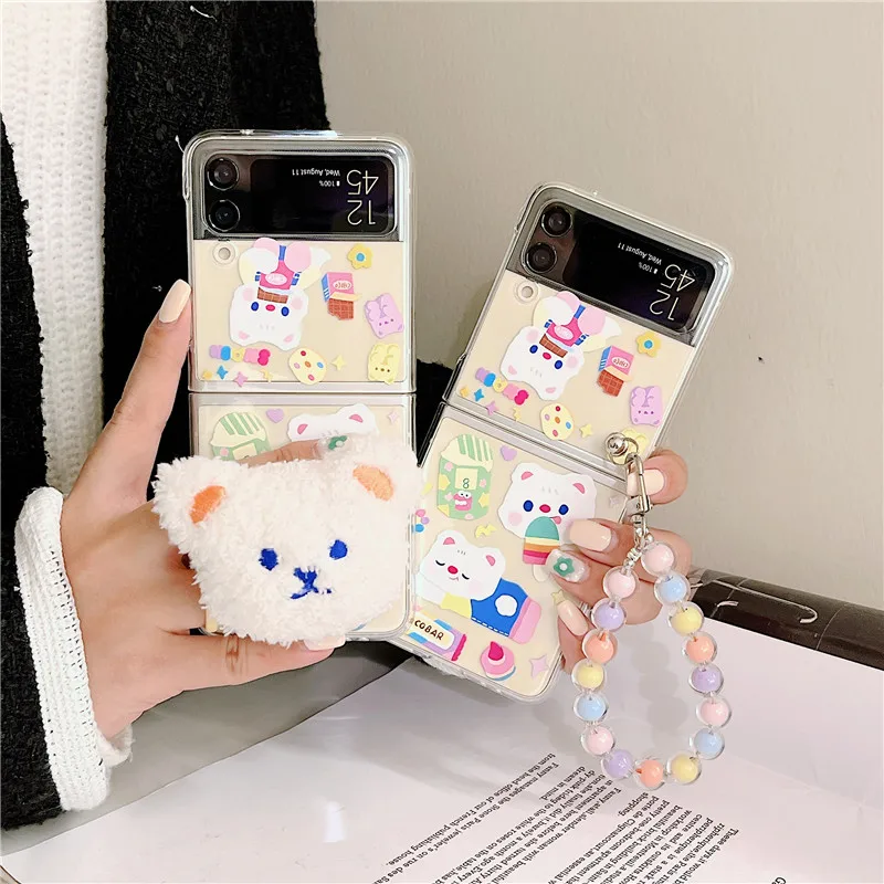 

Cute Cartoon Bear Bracelet Phone Cases For Samsung Galaxy Z Flip 4 3 2 1 5G Clear Hard Cover Case For Samsung Z Flip4 Z Flip3
