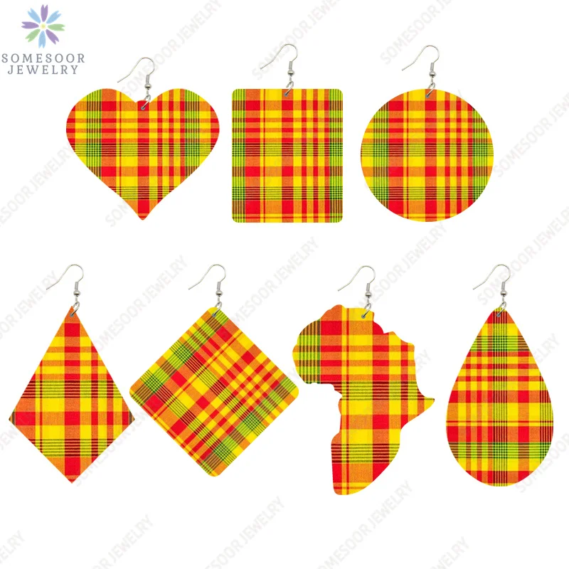 SOMESOOR Madras & Plaid Fabric African Art Print Geometric Wooden Drop Earrings Pattern Map Square Dangle Jewelry For Women Gift