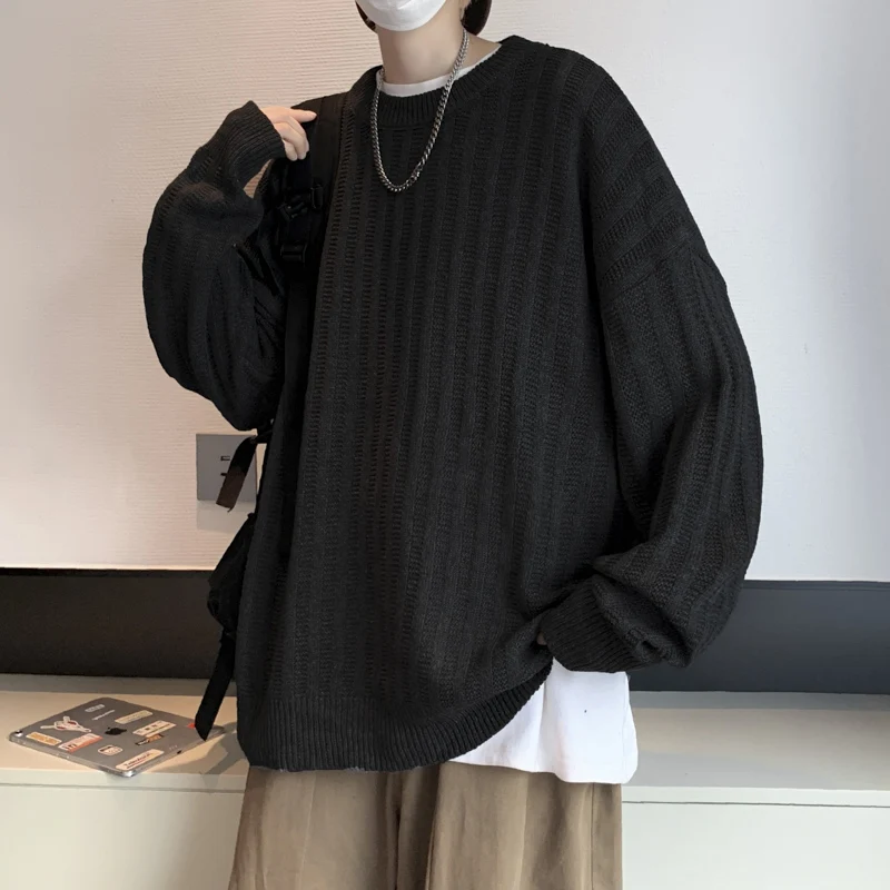 

Japanese vintage solid color pullover sweater Men's autumn and winter Korean style casual round neck loose knit coat