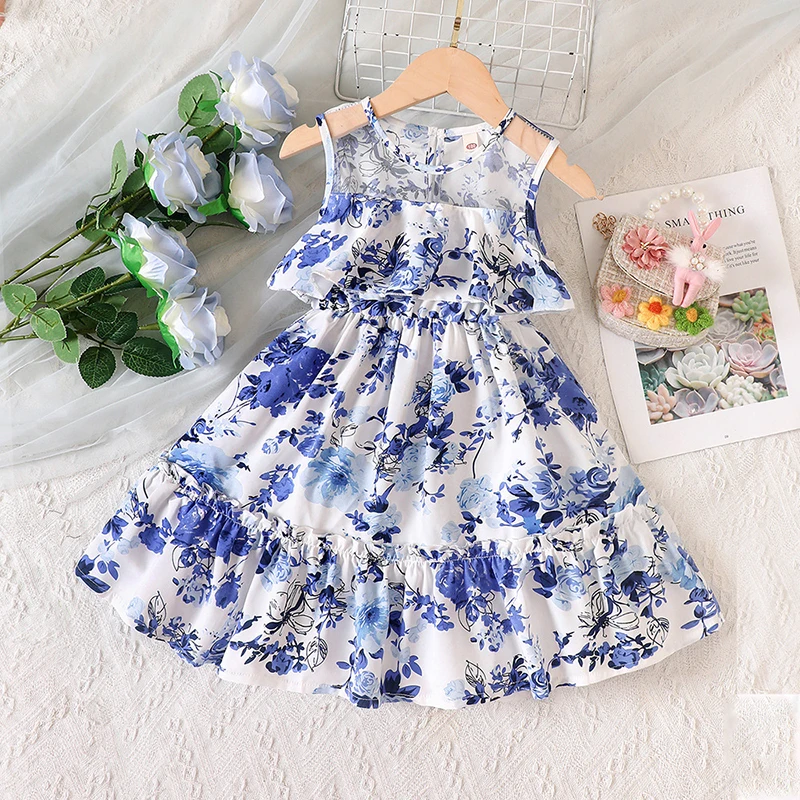 

2-6 Years Blue Flower Girls Birthday Dress Kid Children Clothing Sleeveless Mesh Floral Party Fashion Knee Length Dresses