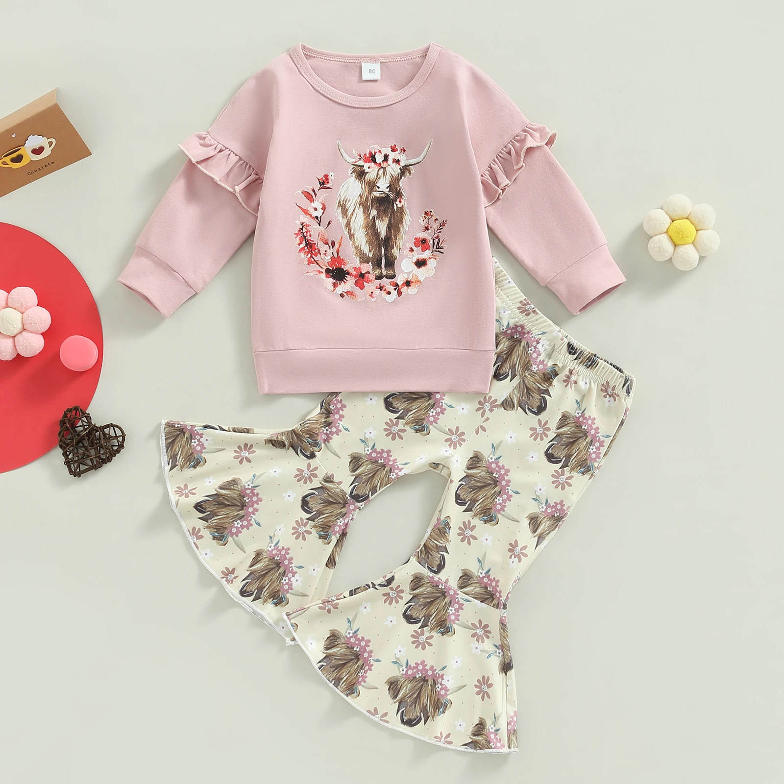 

Toddler Baby Girl Fall Spring Clothes Kids Cowgirl Leopard Letter Sweatshirt Cute Flared Long Pants Western Outfit