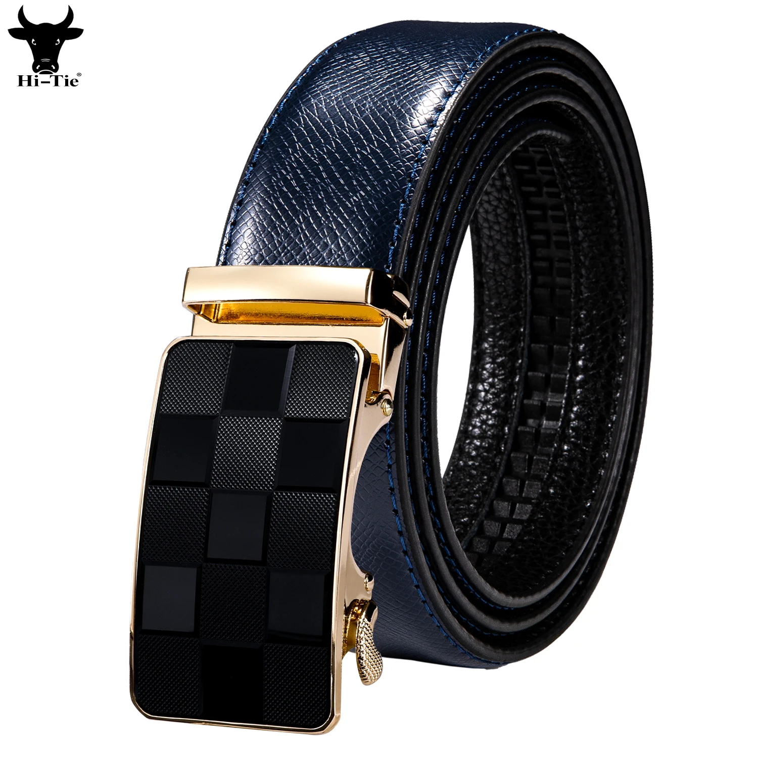 Hi-Tie Automatic Buckles Mens Belts Black Brown White Green Blue Burgundy Leather Ratchet Waistband Belt for Men Wedding Office