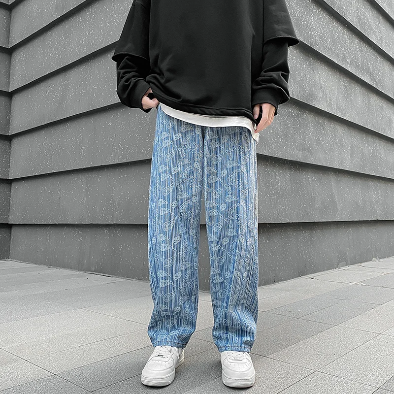 

Korean Fashion Men Wide Leg Jeans 2022 New Streetwear American Washed Jacquard Straight Baggy Denim Pants Male Brand Trousers