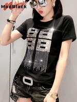 madblack solid sequins shiny diamonds o neck t shirt 2022 summer office lady cotton top clothes bottoming shirt new tees t95107l