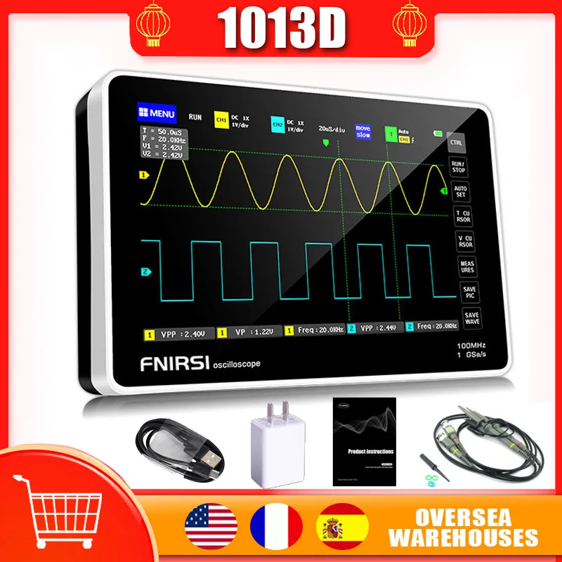 

FNIRSI 1013D цифровой осциллограф портативный двухканальный 100M полоса пропускания 1GS частота дискретизации AC/DC мини-планшет осциллограф цифрово...