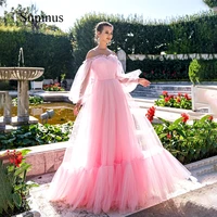 sumnus pink tulle prom dresses strapless detachable puff sleeve plus size evening dresses lace up princess event party gowns