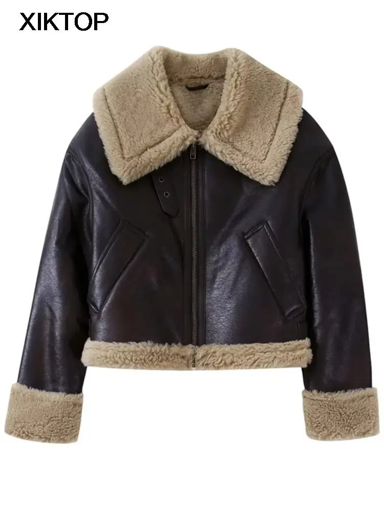 Xiktop Cashmere Locomotive Jacket Women Loose Long Sleeve Zipper Thick Coats Autumn Winter Vintage Warm Female Short Jacket Coat