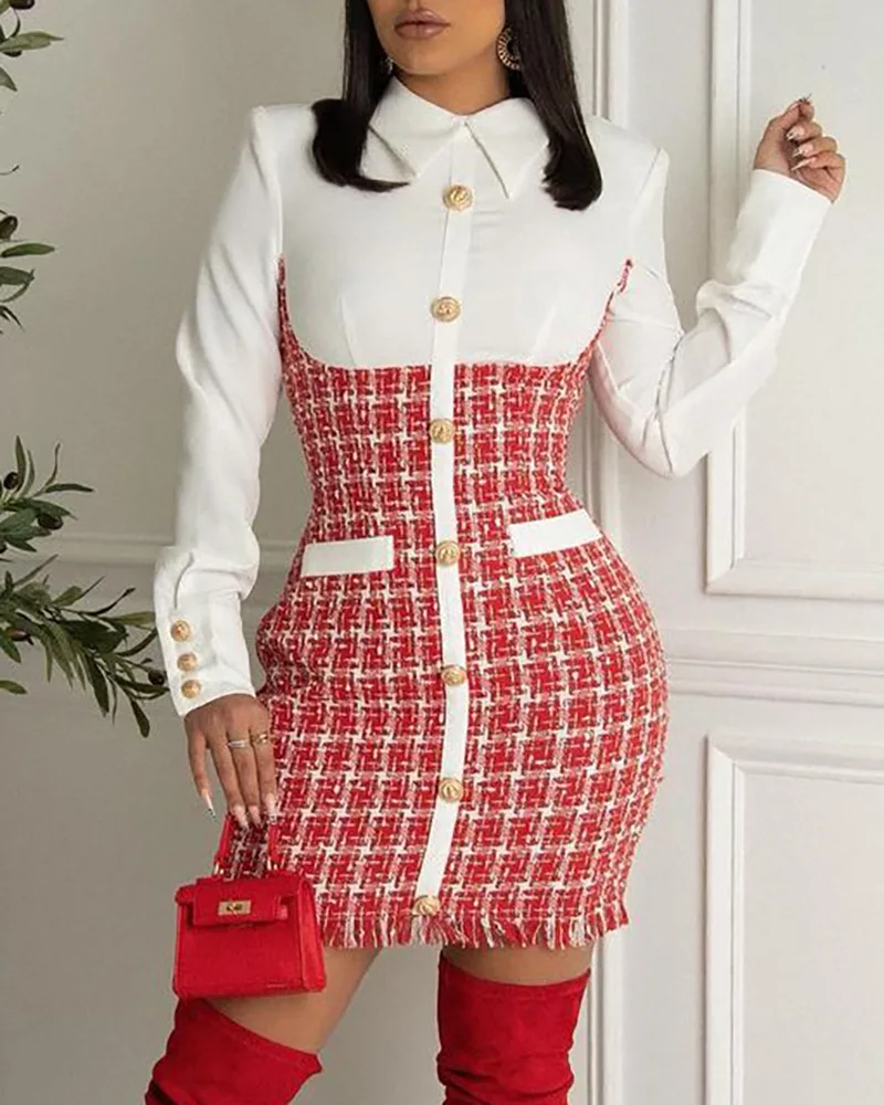 

Новинка 2021, красная юбка-рубашка с твидовым узором, женское элегантное платье, женские платья