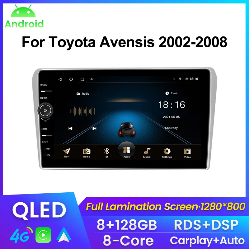 

QLED Screen Carplay+Auto 8+128G Car Radio For Toyota Avensis T250 2 II 2002-2008 2009 Multimedia Player GPS Navigation WIFI 4G