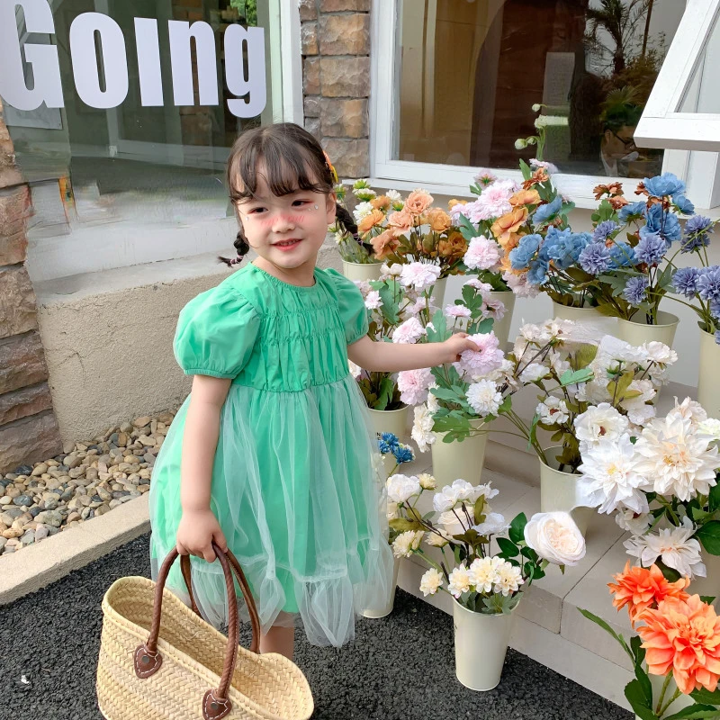 

Summer Toddler Baby Girls Dress Sweet Girls princess Dress Solid short sleeve tulle Children Dresses Kids Clothing C01