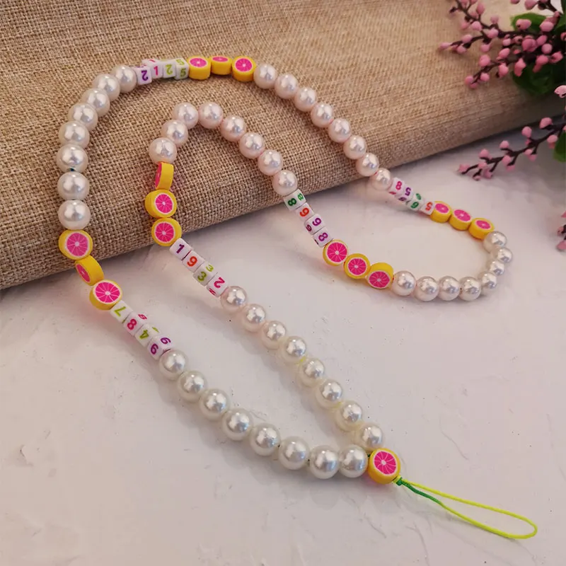 

Long Can Crossbody Hanging Chain Pearl Hand-beaded Hanging Neck Belt Buckle Pearl Lemon Beaded Lanyard Mobile Phone Lanyard